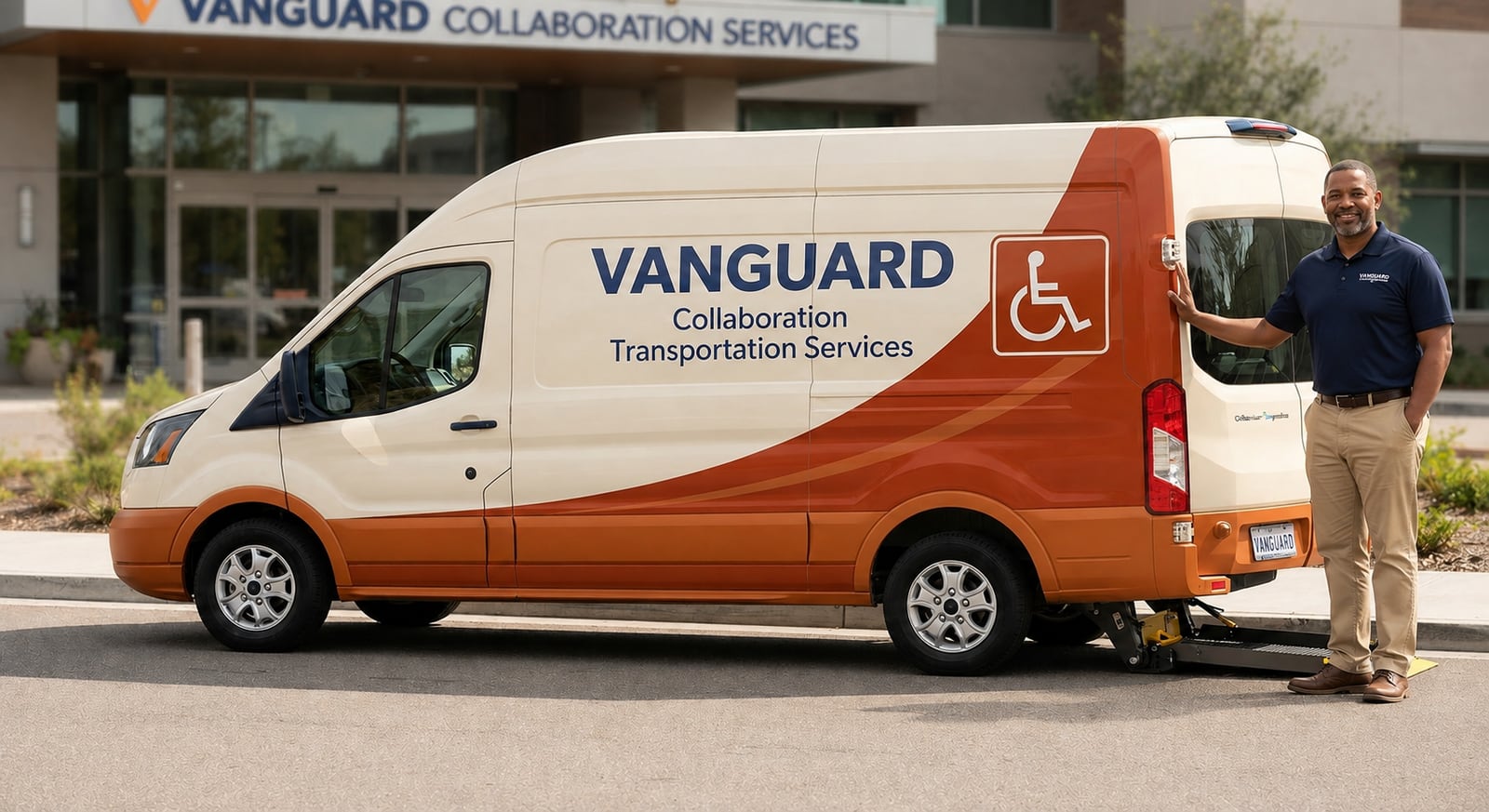 A smiling Vanguard Collaboration driver standing beside the company's wheelchair-accessible van with its rear ramp deployed outside a medical building